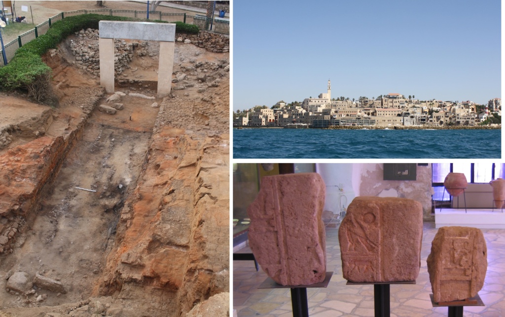 Composite image with three photos showing an excavation area, a city coastline, and three carved stone images.